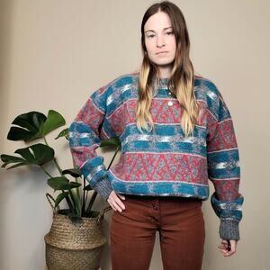 Vintage 80s 90s Southwest Nordic Sweater Gray Teal Red Large XL